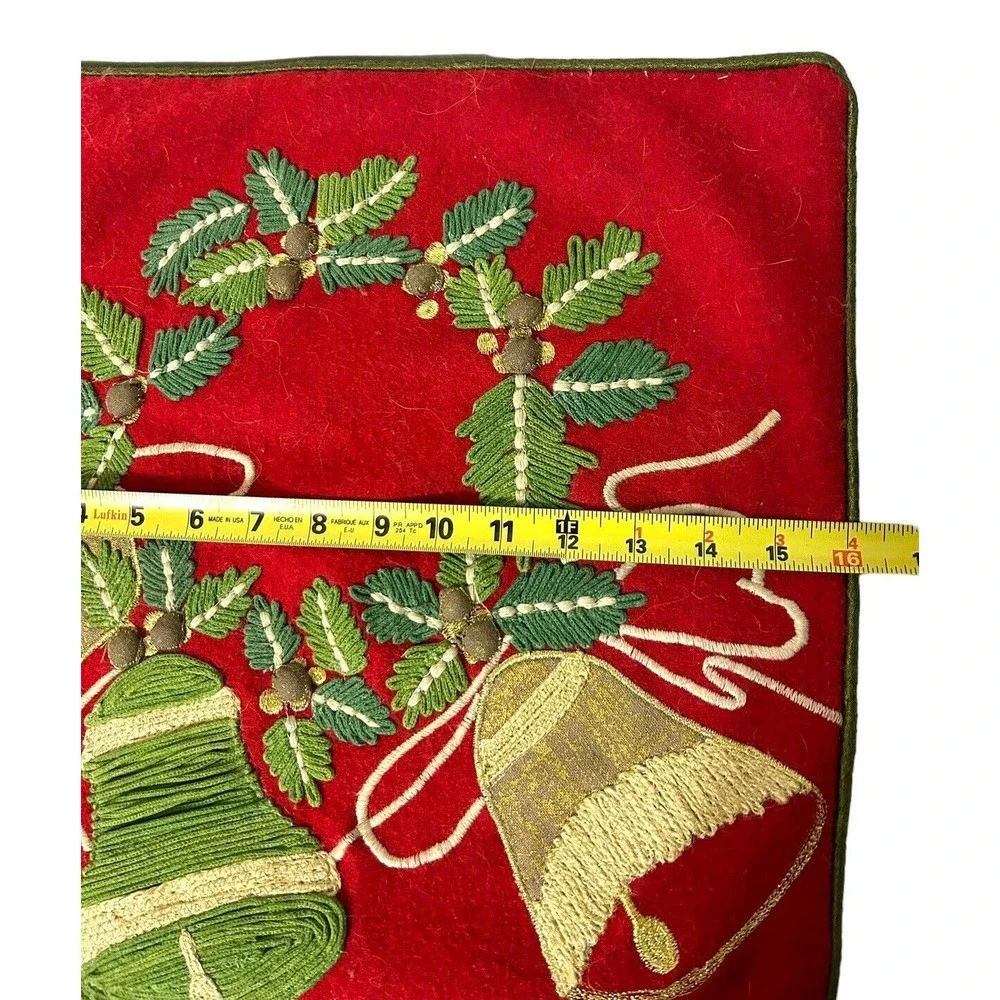 Christmas Holiday Felted Wreath Bells Pillow Removable Down Filled Insert Cover